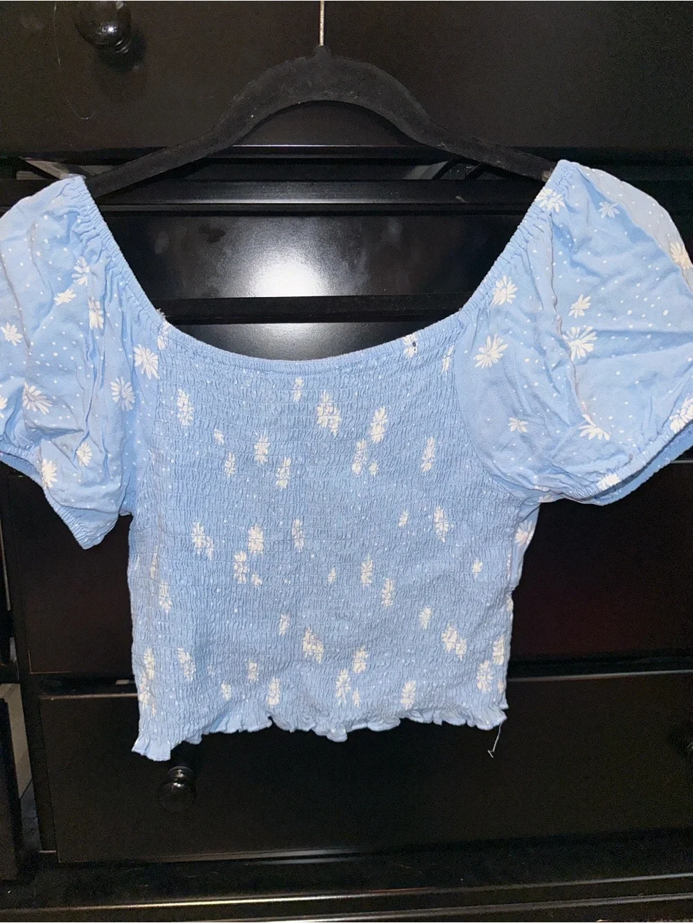 La Hearts Light Blue Daisy Smocked Puff Sleeve Crop Top - Picture 3 of 3